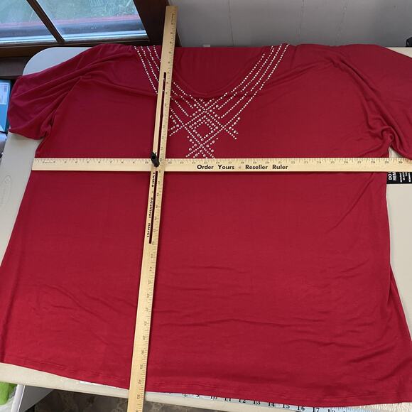 Catherines Top 3X Red Rhinestone Embellished V Neck Dolman Slinky Knit Glam - Picture 7 of 13